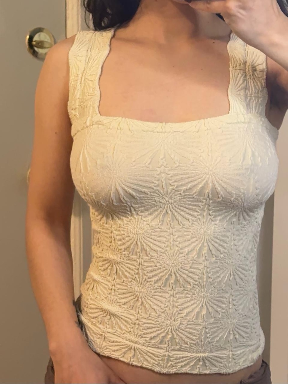 Source Unknown Cream Textured Square Neck Tank Top